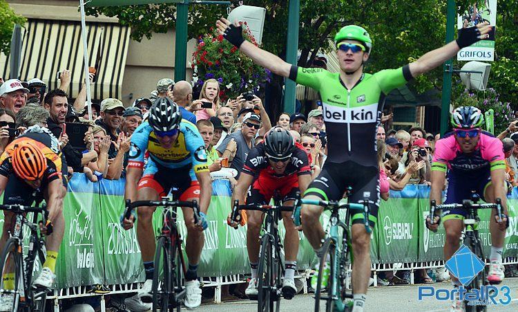 Atleta da Belkin comemora vitória na 1ª etapa do Tour of Utah. (Foto: Luis Claudio Antunes/PortalR3)