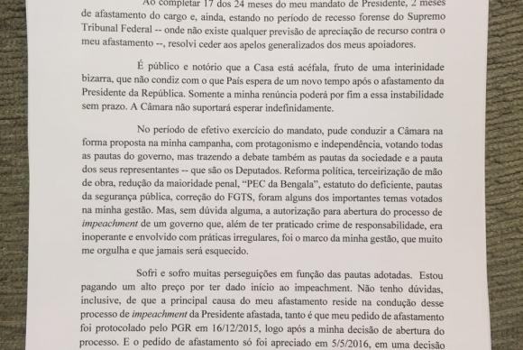 Carta de renúncia de Eduardo Cunha à presidência da Câmara. (Foto: Divulgação)