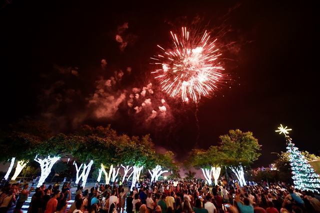 A iluminação pode ser vista nas árvores naturais do Jardim Norte, canteiros do entorno da Basílica, e também em forma de cascatas junto. (Foto: Thiago Leon/Santuário de Aparecida)