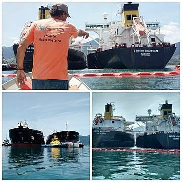 Secretário e equipe técnica da Semam acompanham transbordo de carga de petroleiro. Foto: Semam/PMSS)