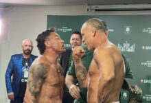 Popó e Wanderlei Silva frente a frente durante a pesagem oficial do Spaten Fight Night 2 em São Paulo