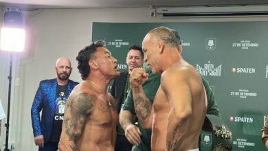 Popó e Wanderlei Silva frente a frente durante a pesagem oficial do Spaten Fight Night 2 em São Paulo