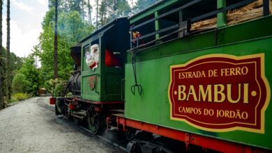 Maria Fumaça decorada para o Natal no Parque Bambuí em Campos do Jordão